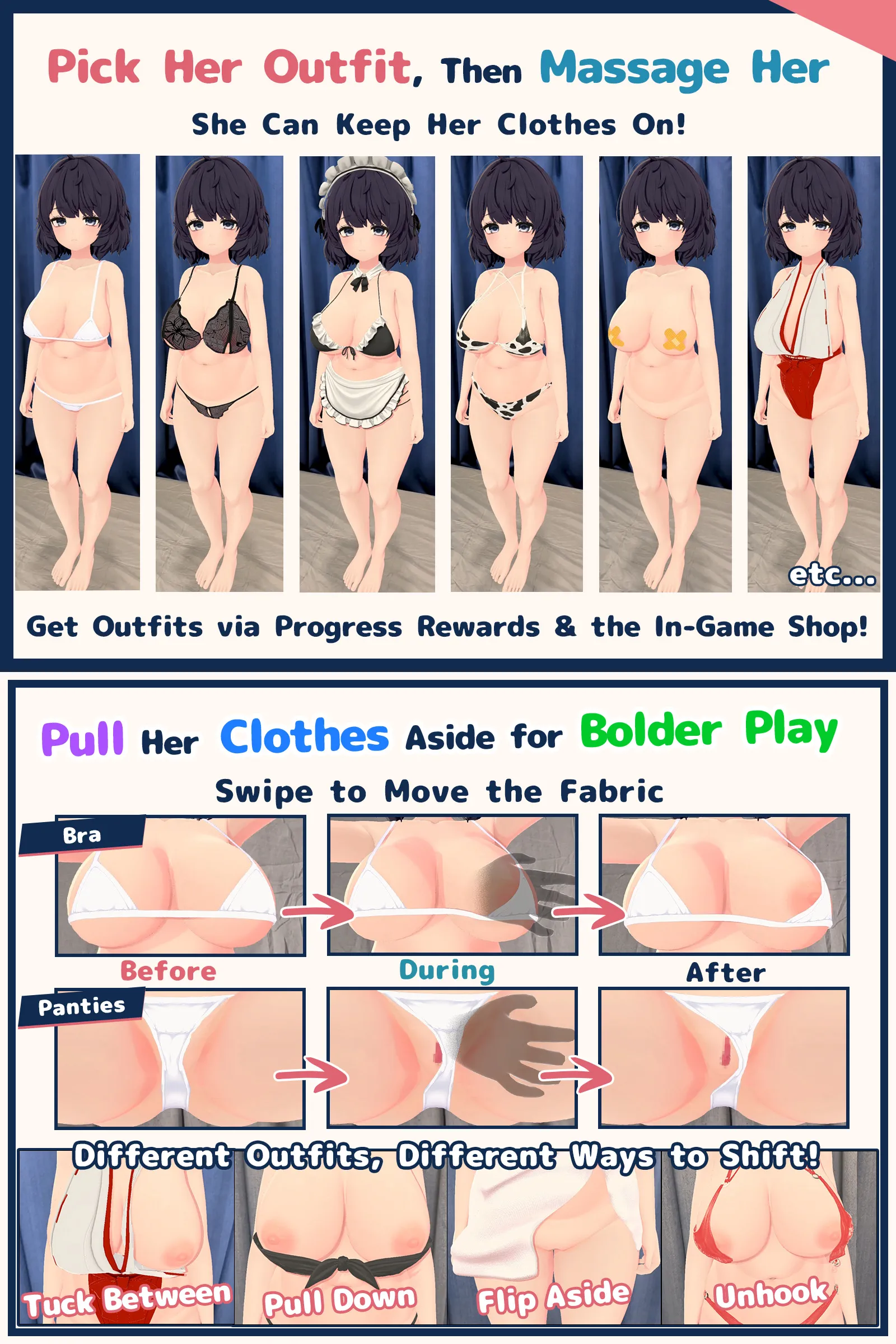Gameplay image showing outfits including swimsuits and underwear, and how a bra or panties can be moved by hand