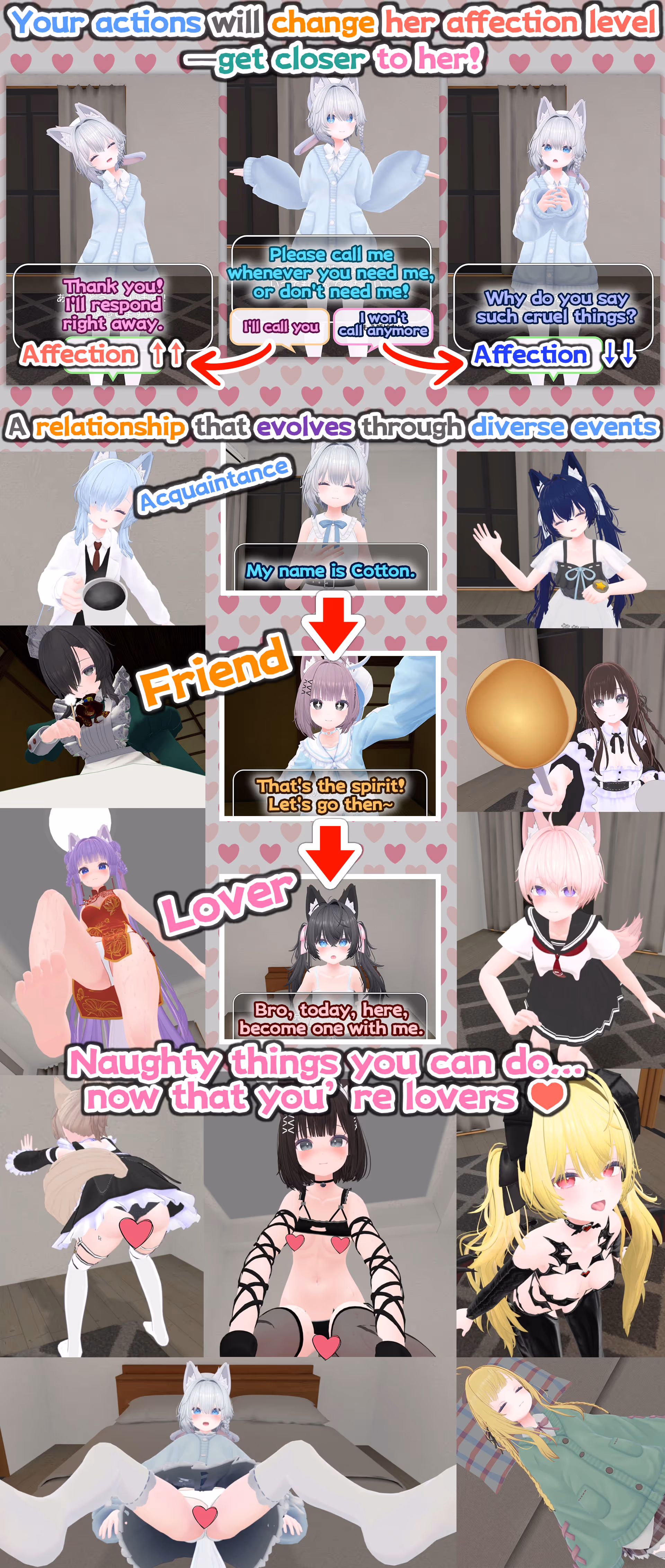 Romance system interface showing affection levels and relationship progression from friends to lovers